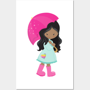 African American Girl, Rain, Raincoat, Umbrella Posters and Art